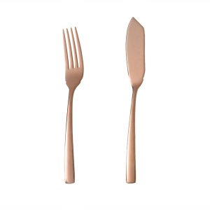 کارد و چنگال ماهی 6 نفره ناب استیل طرح فلورانس برنزی PVD (12 پارچه)