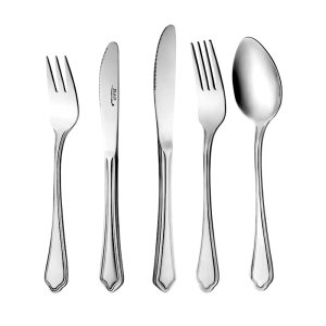 سرویس قاشق و چنگال 18 نفره ناب استیل طرح ونیز (116 پارچه) بعلاوه کنسول چوبی