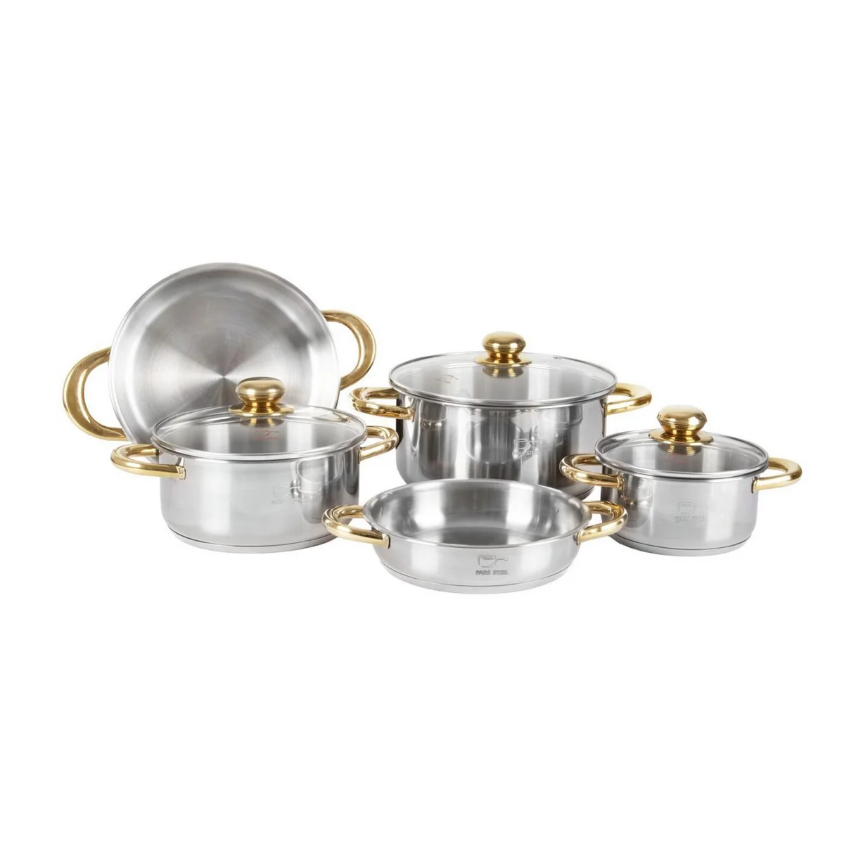 سرویس قابلمه پارس استیل کف سه لایه دسته طلایی (8 پارچه)